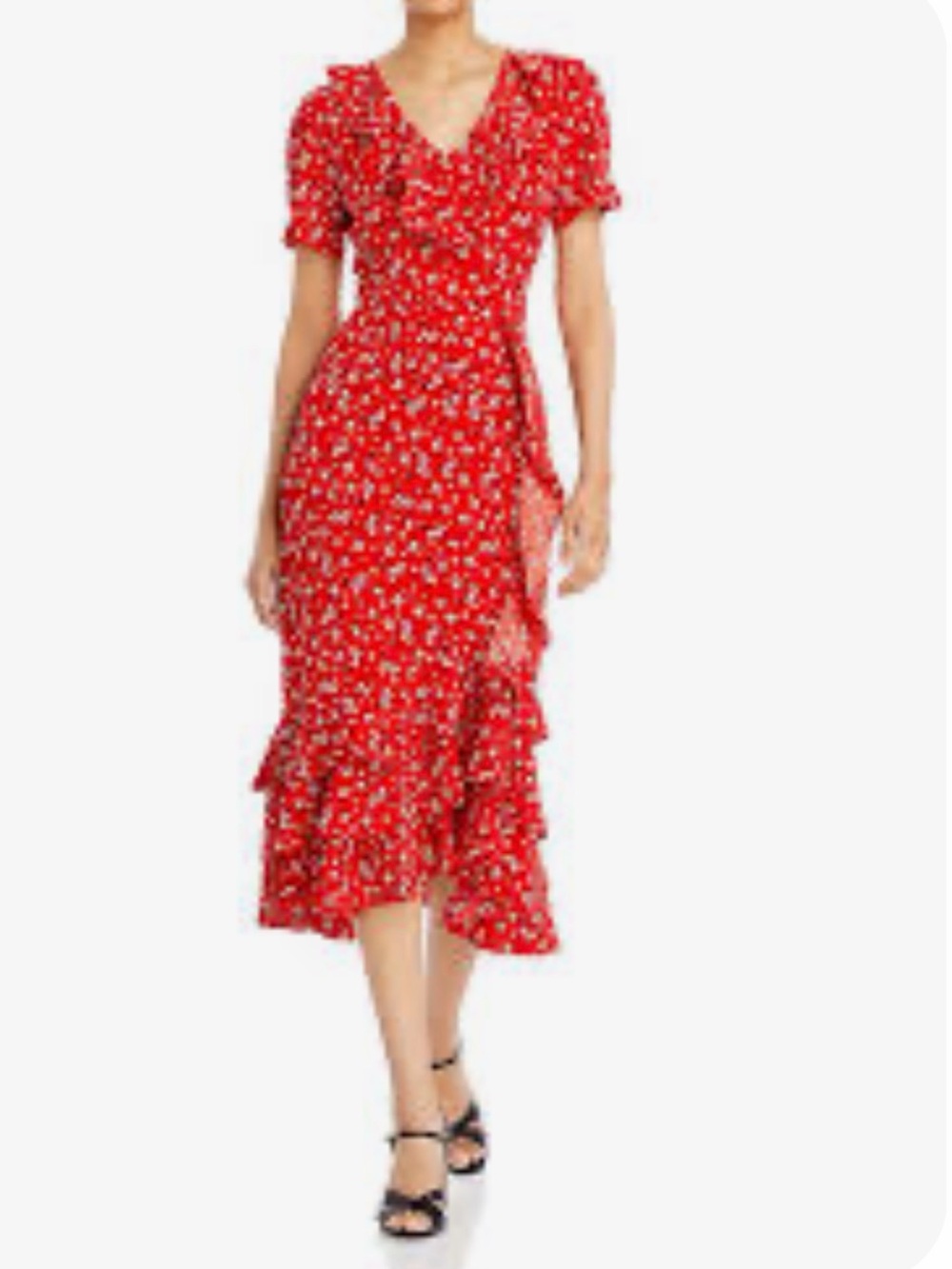 Karl Lagerfeld Red Floral Wrap Midi Dress with Ruffle Detail